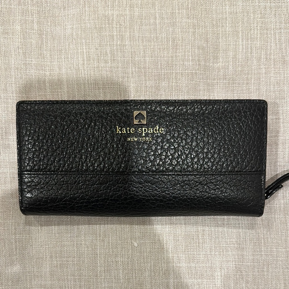 Kate Spade Black Wallet with Pebbled Leather and Flap Closure